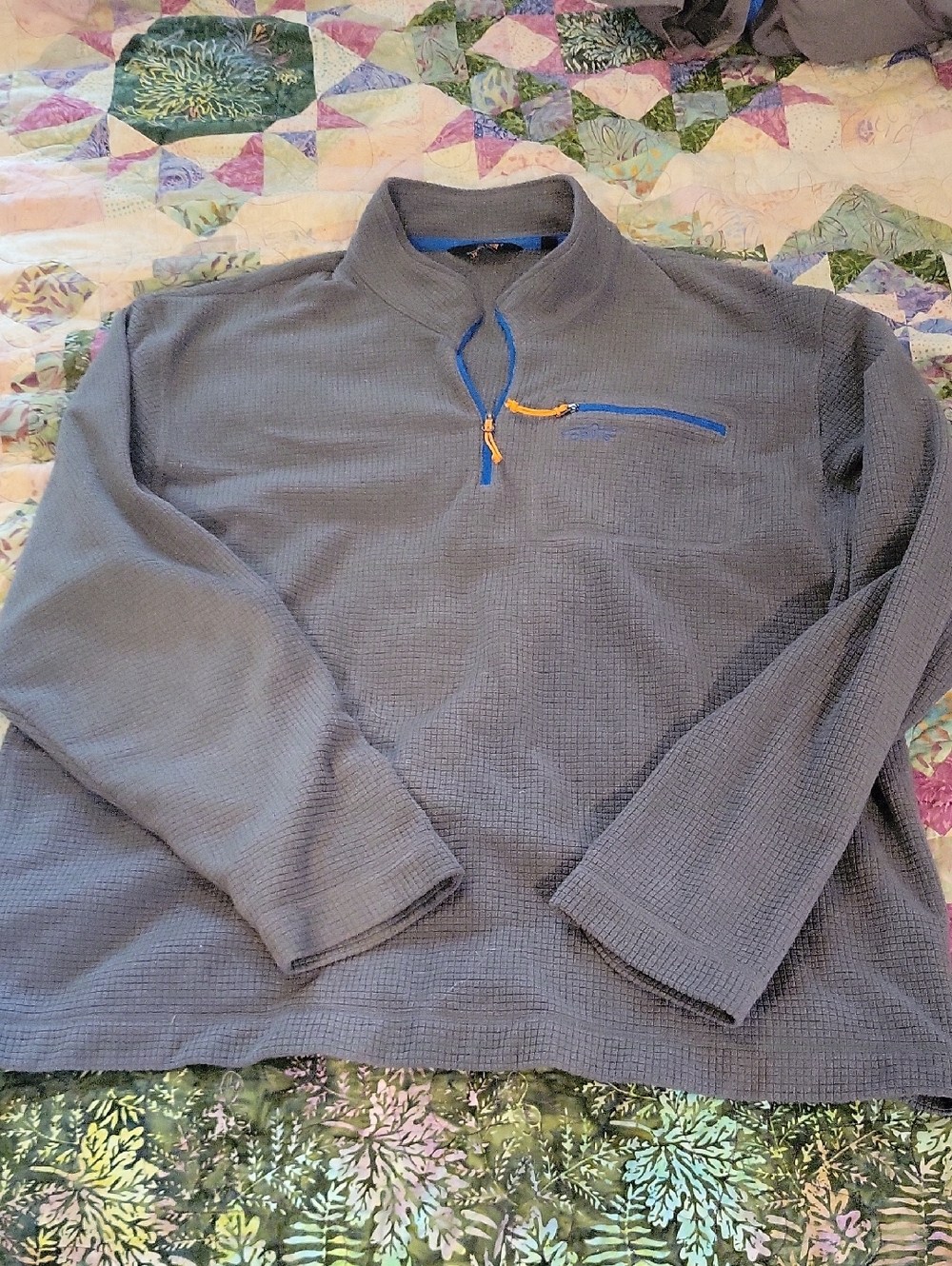 Orvis Gray Pullover with Blue Neck Trim and Orange Logo